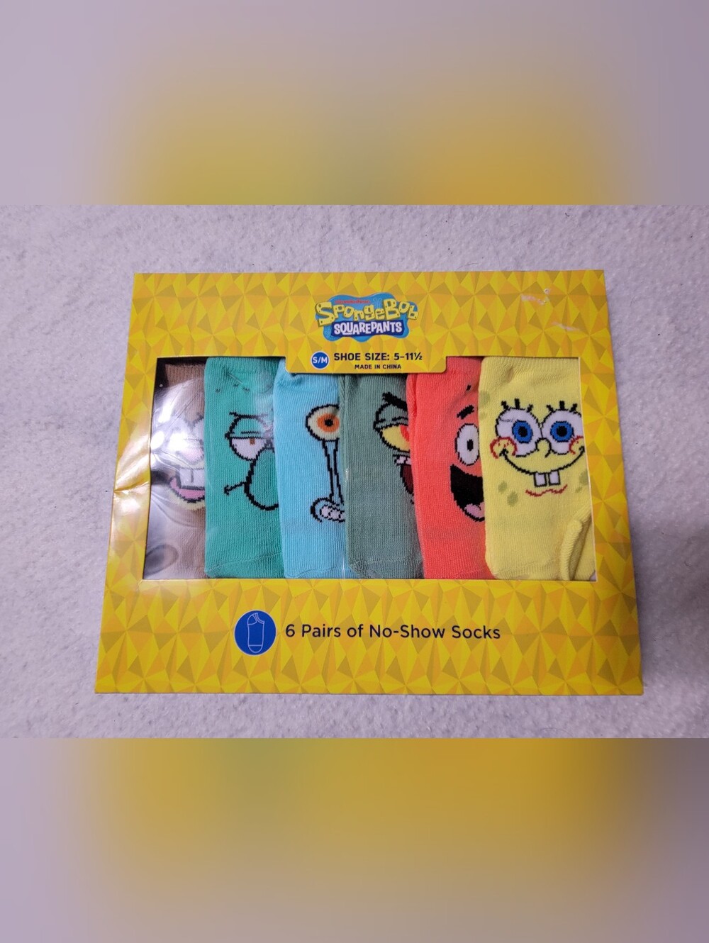 Nickelodeon SpongeBob SquarePants 6-Pair No-Show Socks Set Character Faces S/M
